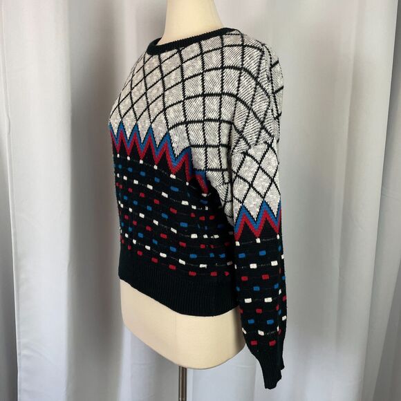 Vintage Sweater Size Petite Medium MP Black White Knit Retro Print 80s Pullover - Picture 6 of 15